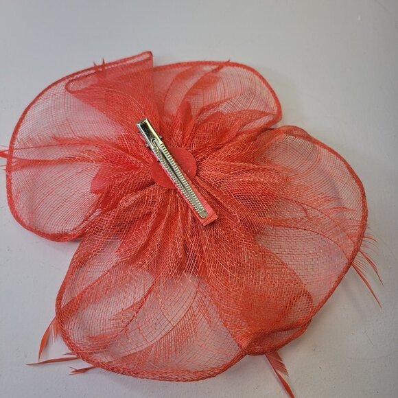 Coral Pink Fascinator Floral Rosette and Coral Feathers - Picture 5 of 10